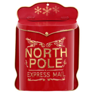 Front view of red metal Christmas postbox with gold North Pole Express Mail lettering and snowflakes