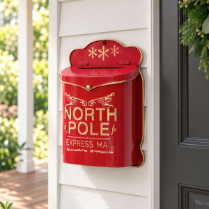 Red and gold Christmas wall postbox on a white porch wall beside a dark door and leafy wreath