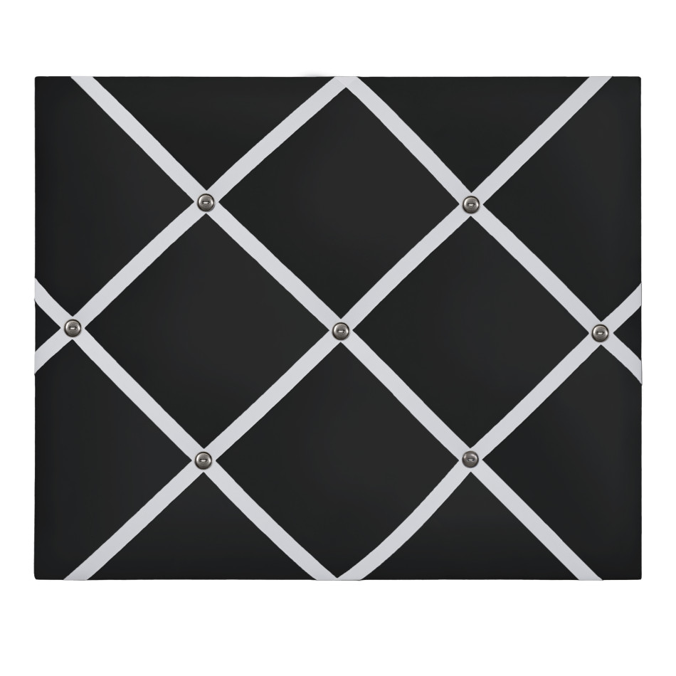 Black ribbon memo board showing its decorative grid for cards and keepsakes