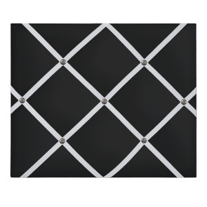 Black ribbon memo board showing its decorative grid for cards and keepsakes