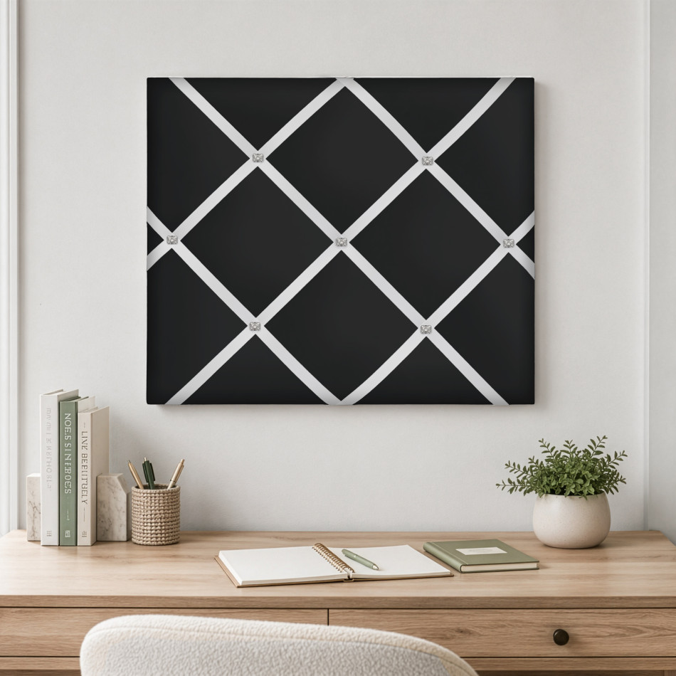 Black fabric memo board arranged for displaying photographs and notes