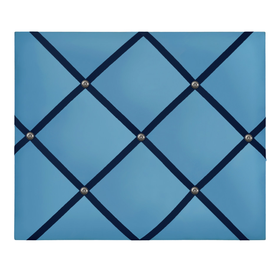 Blue cotton memo board showing the featured navy ribbon and antique nickel buttons