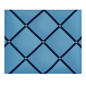 Blue cotton memo board showing the featured navy ribbon and antique nickel buttons