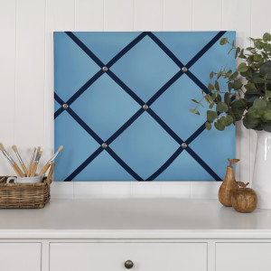 Blue ribbon memo board photographed as a wall display for notes and photographs