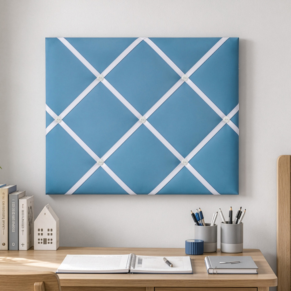 Rectangular blue fabric memo board finished with white criss-cross ribbon