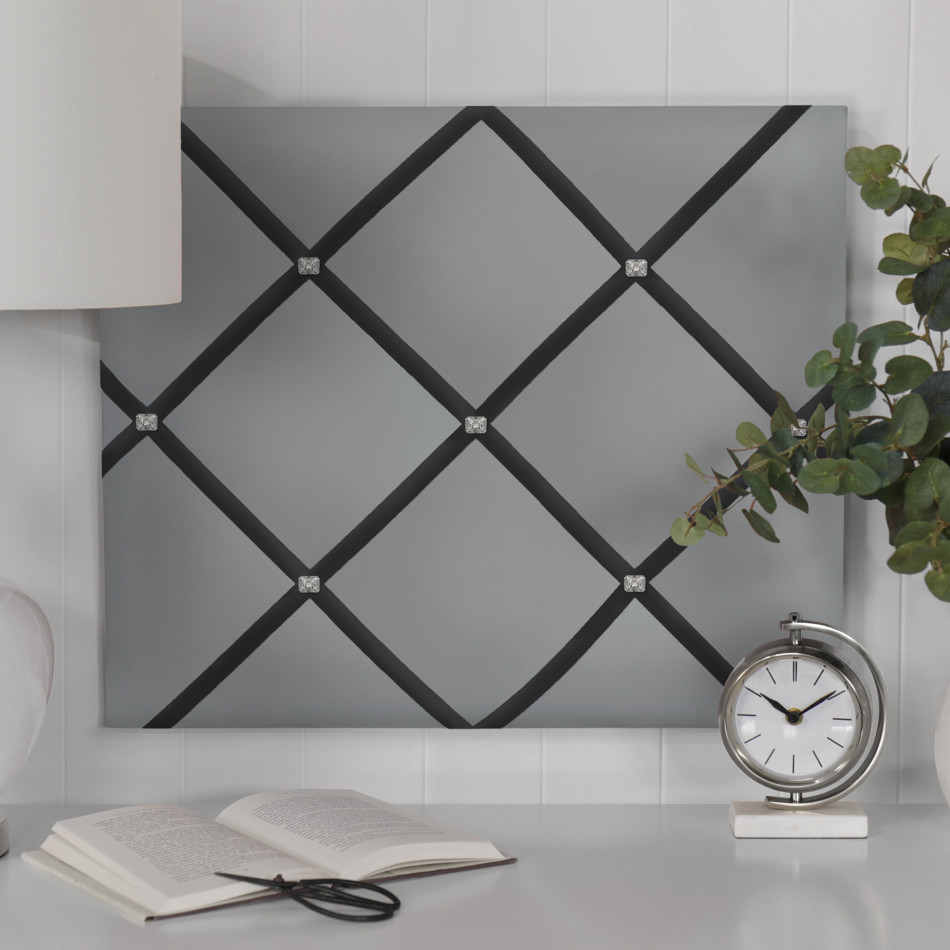 Elegant silver memo board with charcoal ribbons and diamante buttons