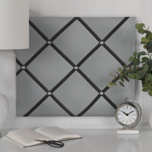 Elegant silver memo board with charcoal ribbons and diamante buttons