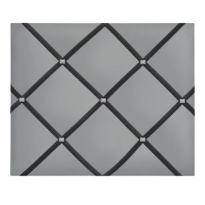 Silver fabric notice board with charcoal ribbons and diamante button finish
