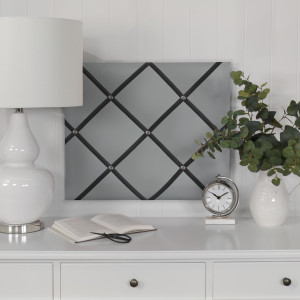 Silver fabric memo board with criss-cross charcoal ribbon display