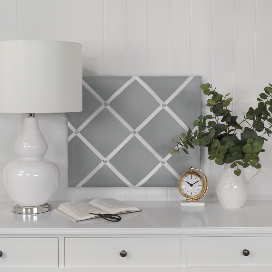 Sparkling Silver Ribbon Memo Board with crossed ribbons and decorative buttons
