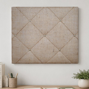 Rustic natural hessian memo board with crossed twine and antique brass buttons