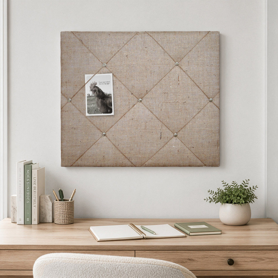 Rectangular hessian memo board with twine for displaying notes, cards and photographs