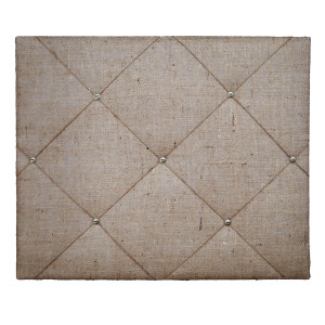 Hessian memo board with twine and buttons on a white background