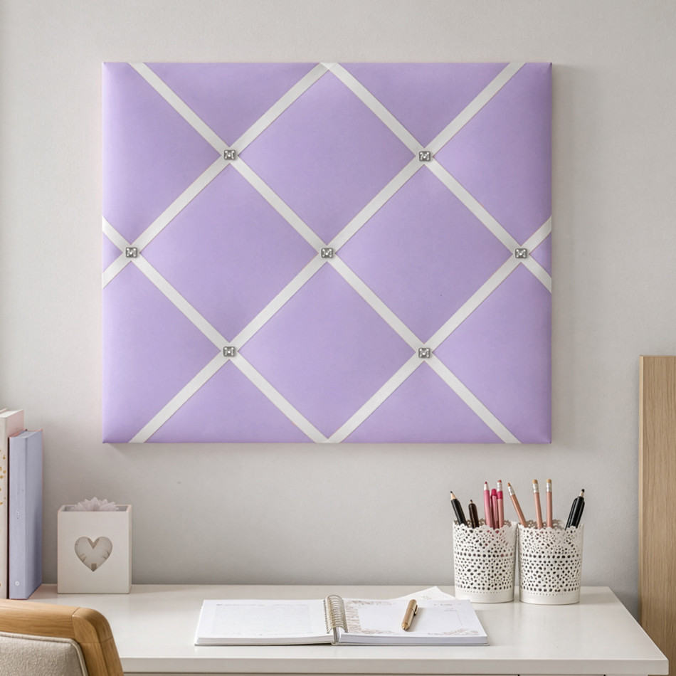 Lilac Charm Ribbon Memo Board with crossed ribbons and decorative buttons
