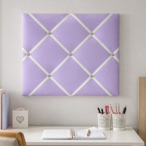 Lilac Charm Ribbon Memo Board with crossed ribbons and decorative buttons