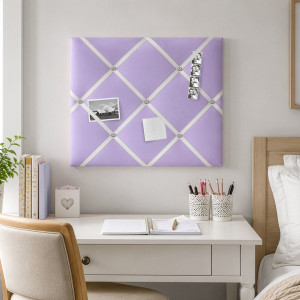 Lilac fabric memo board arranged for displaying photographs and notes