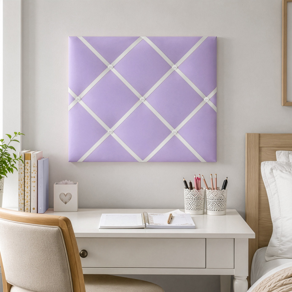 Fabric-covered lilac wall organiser for photographs, reminders and invitations