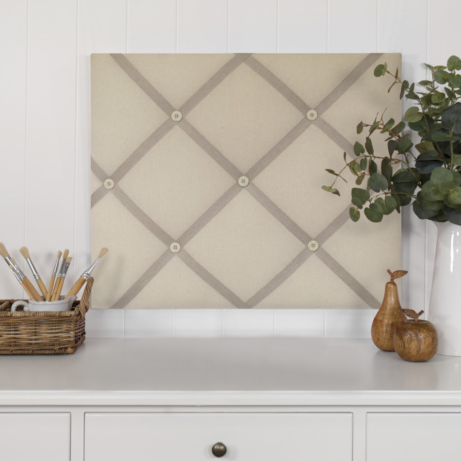 Natural Ribbon Memo Board, with a decorative ribbon grid for securing notes, cards and photographs