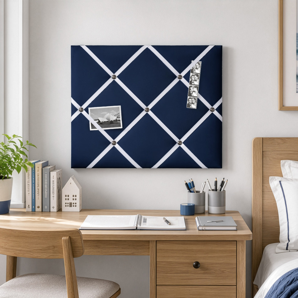 Navy Blue Ribbon Memo Board, designed as a practical wall organiser with a fabric-covered display surface