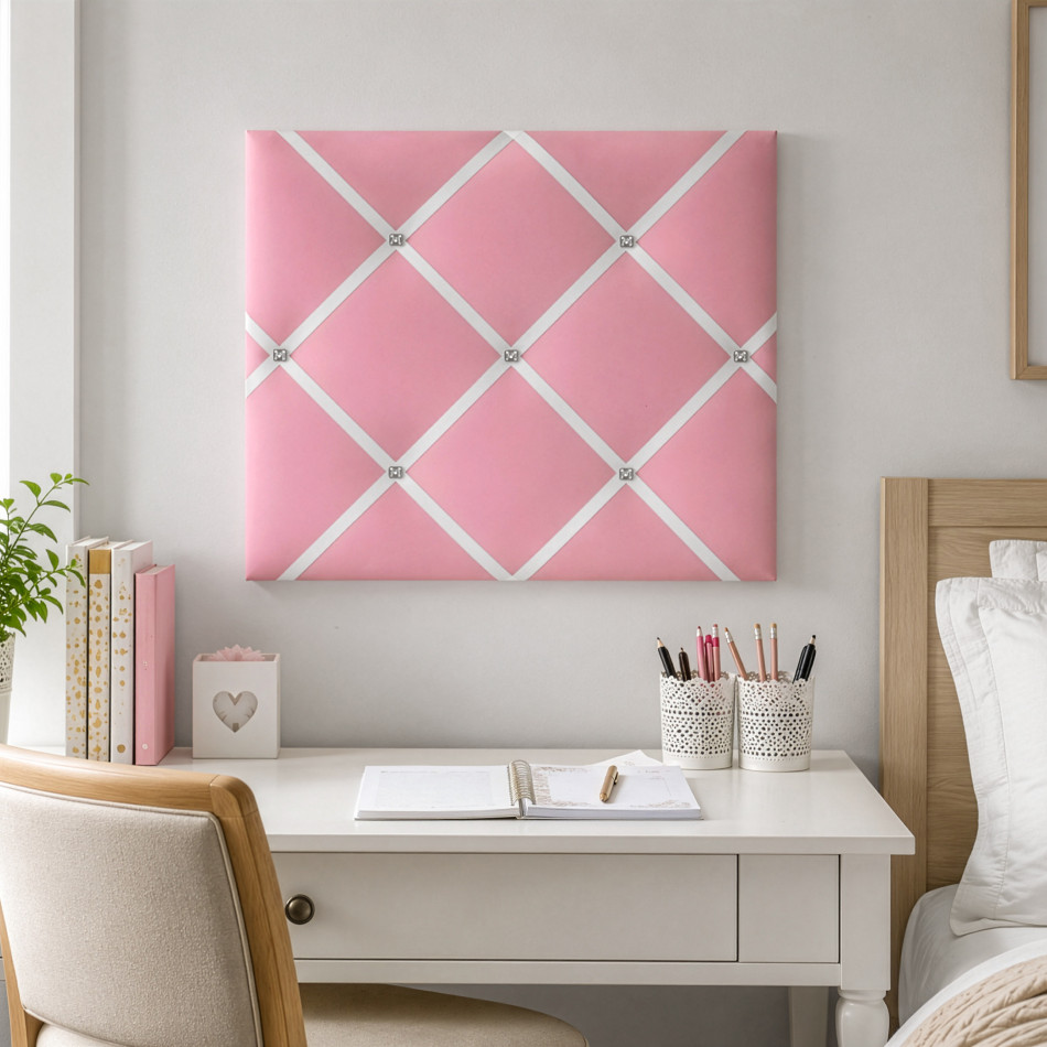 Fabric-covered pink wall organiser for photographs, invitations and reminders