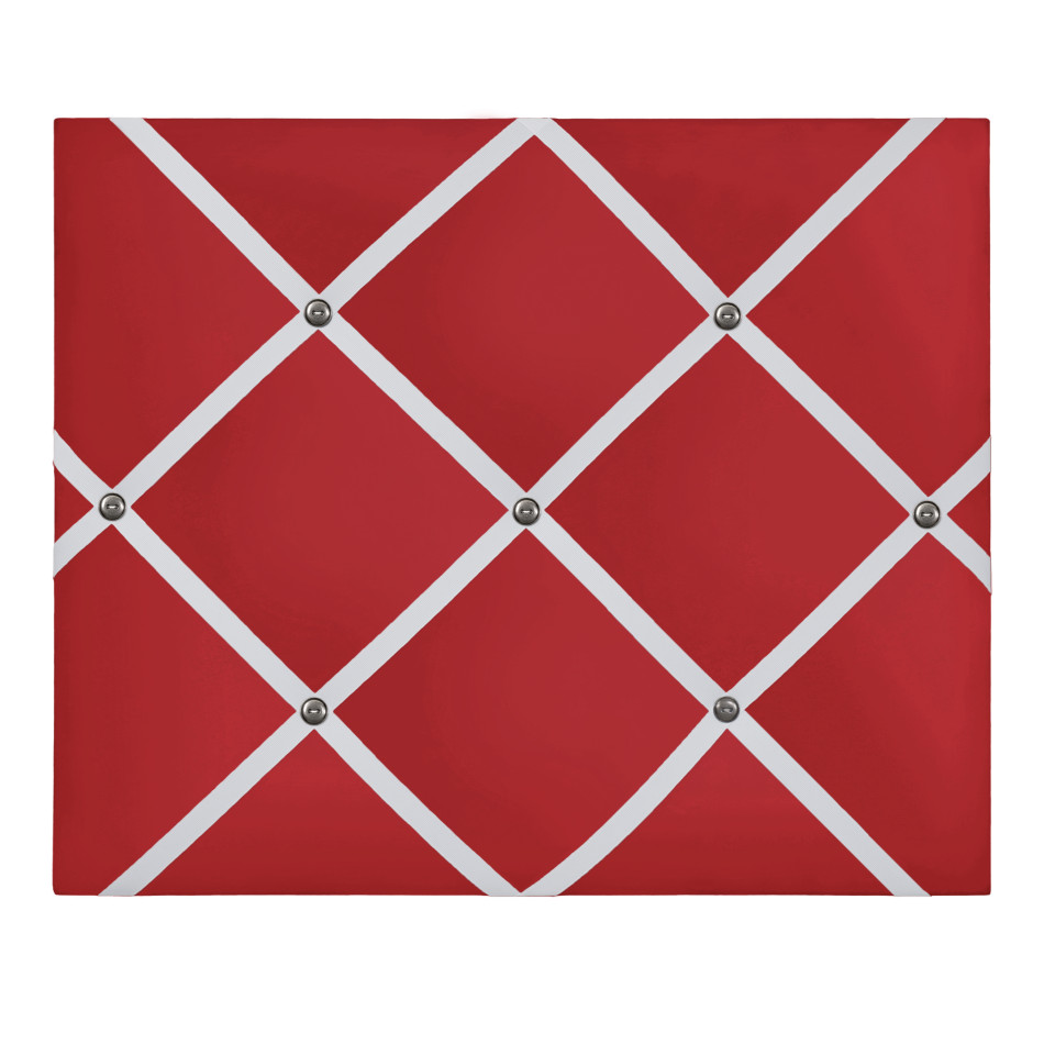 Red Ribbon Memo Board with white grosgrain ribbon and antique nickel buttons