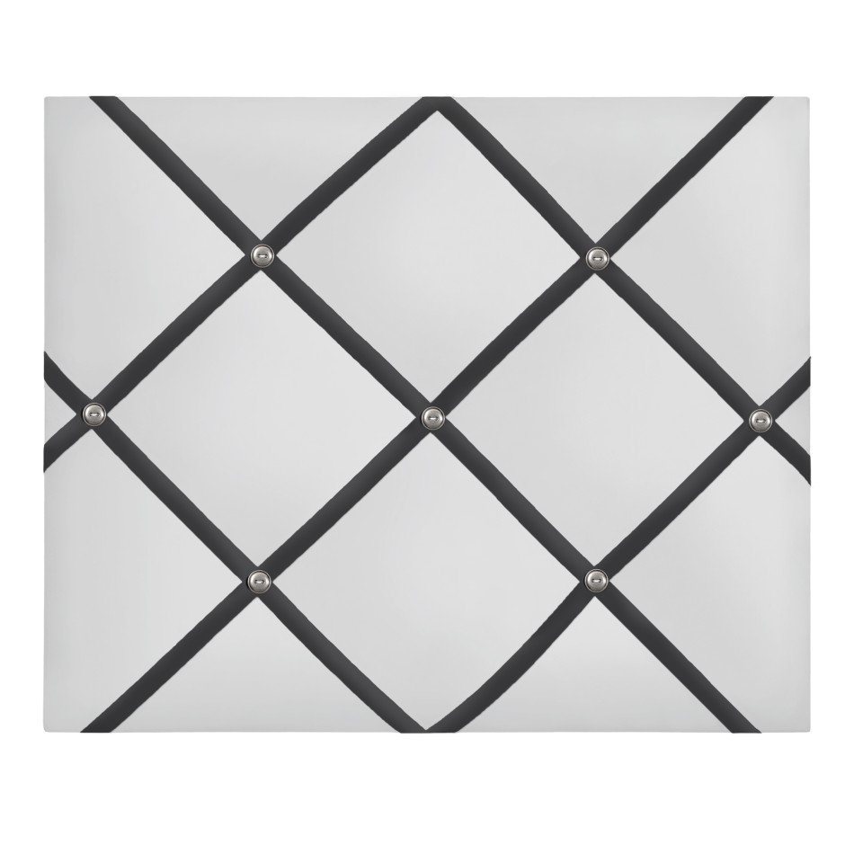 White fabric memo board with a charcoal ribbon grid and button detailing