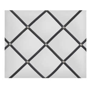White fabric memo board with a charcoal ribbon grid and button detailing