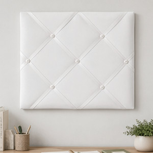 White on White Ribbon Memo Board with crossed ribbons and decorative buttons