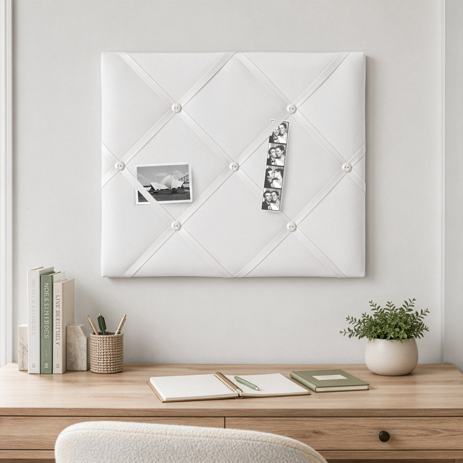 Fabric-covered white wall organiser for photographs, invitations and reminders