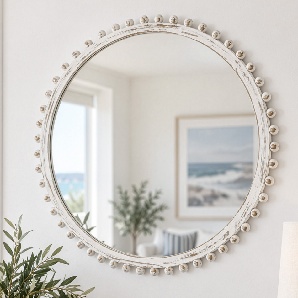 Close view of the Weston round mirror with a distressed whitewashed beaded wood frame