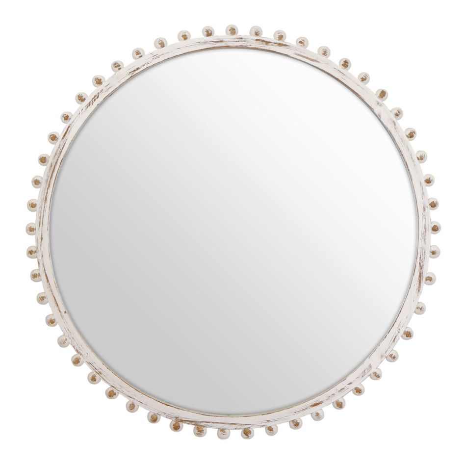 Front view of the round whitewashed beaded mirror on a white background