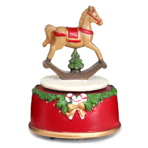Resin rocking horse Christmas music box with a red and gold base against a white background