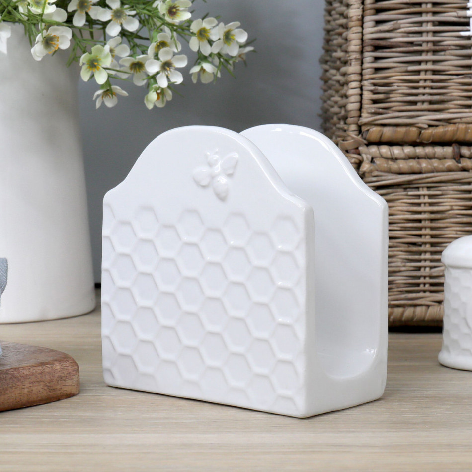 Honeyfield White Bee Napkin Holder, a textile accent for dining or kitchen use