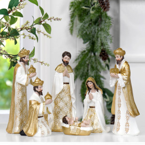 Celestial six-piece Nativity Set with white robes and intricate gold detailing