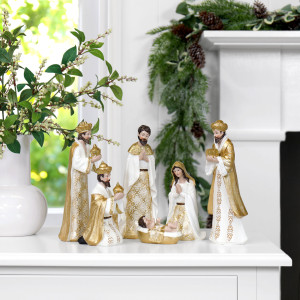 Celestial Nativity Set showing Mary, Joseph, baby Jesus and the Three Wise Men