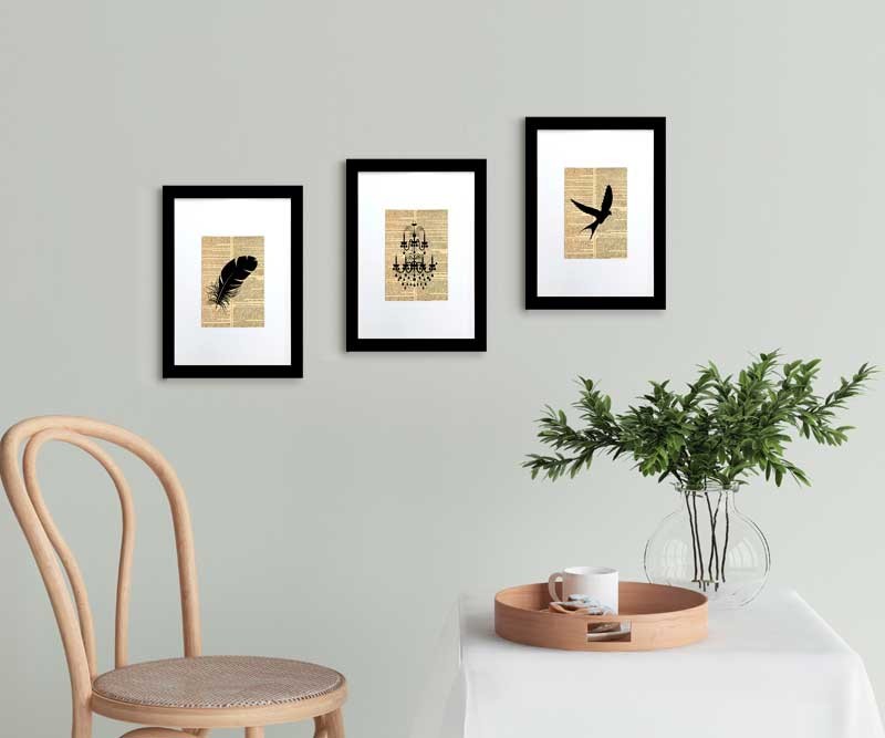 Set 3 Vintage Feather, Bird, Chandelier Prints A4