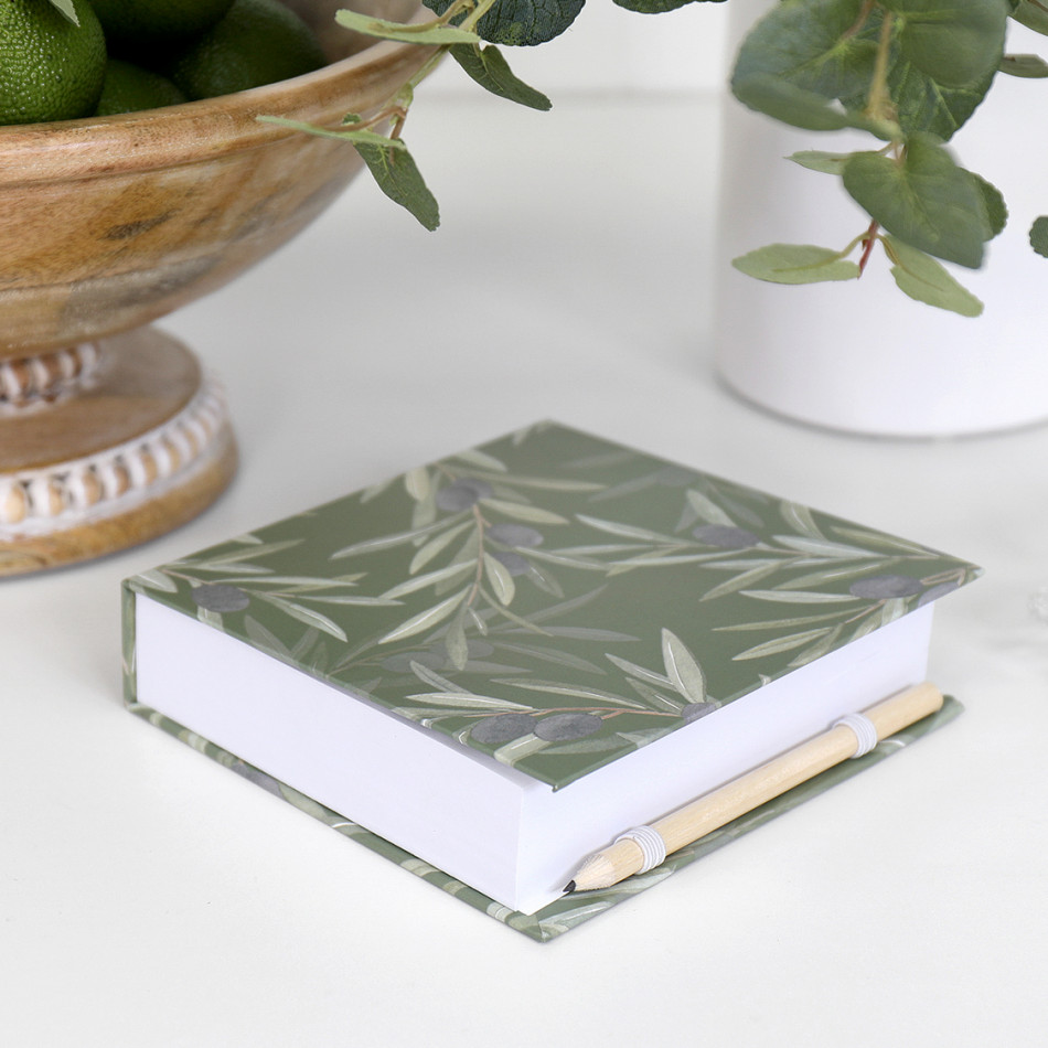 Olive Leaf Notepad & Pencil, presented as a standalone item for straightforward product identification
