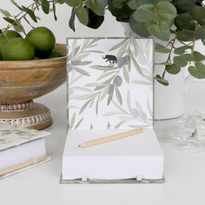 Olive Leaf Notepad & Pencil, highlighting the product's distinctive form and defining design