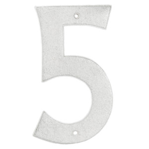 Distressed white cast iron Eltham house number 5 with raised vintage detailing