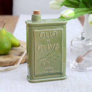 Green Olio di Oliva Ceramic Olive Oil Bottle, a practical vessel for drinks with decorative tabletop appeal
