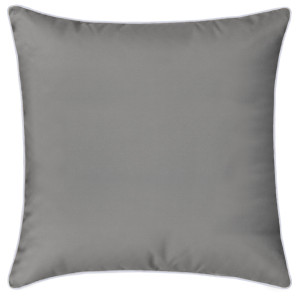 Plain grey square outdoor cushion with contrasting white piped edging