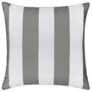 Grey and white striped square outdoor cushion with white piped edging