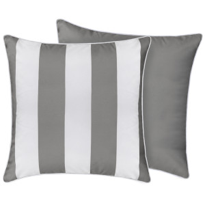 Grey striped outdoor cushion showing the coordinating block grey design