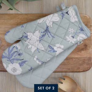 Set 2 Soft Blue Larkhill Floral Oven Mitts, decorative home accessory