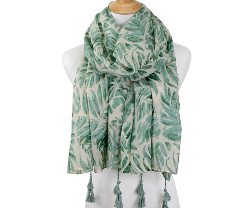 Daintree Green Palm Leaf Scarf with Tassels