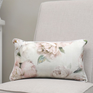 Lumbar White Peony Velvet Cushion 30x50, shown as a soft decorative accent for layering on seating or a bed