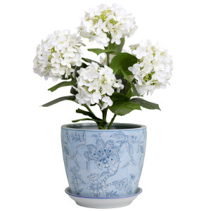 Large Swanson Blue Lace plant pot and saucer holding white hydrangeas against a white background