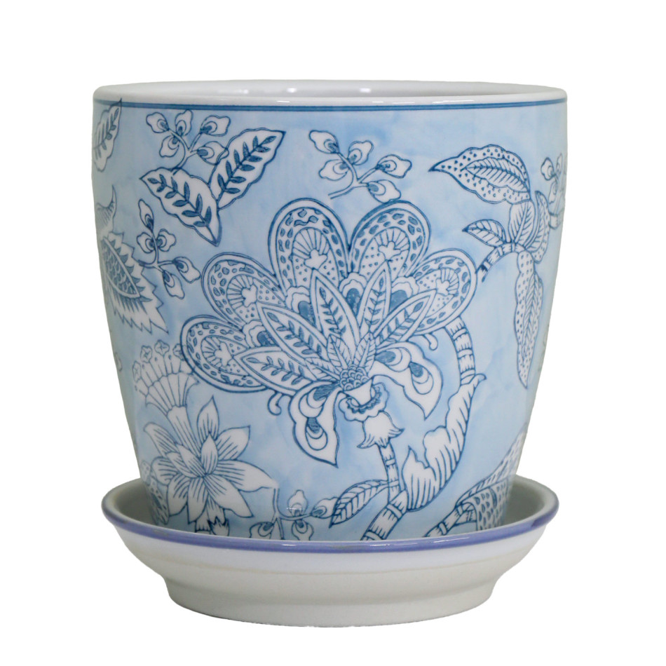 Small Swanson Blue Lace ceramic plant pot with floral designs and a blue-edged white saucer on a white background