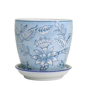Extra small Swanson Blue Lace ceramic plant pot with floral detail and a blue-edged white saucer on white