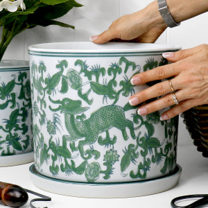 Large Emerson Green Chinoiserie Plant Pot, decorative planter or flower display